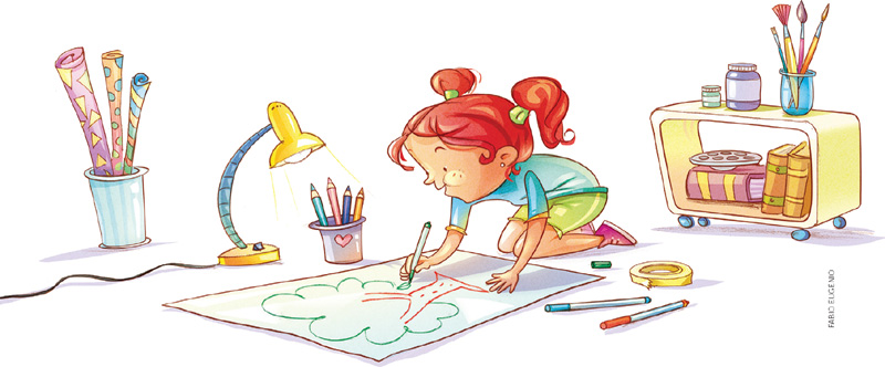 IMAGEM: uma menina desenha uma árvore em um cartaz no chão, iluminado por uma luminária. ao redor, há lápis, canetinhas, papéis coloridos efita adesiva. do lado direito, está um móvel com rodinhas, onde há potes, pincéis e livros. FIM DA IMAGEM.
