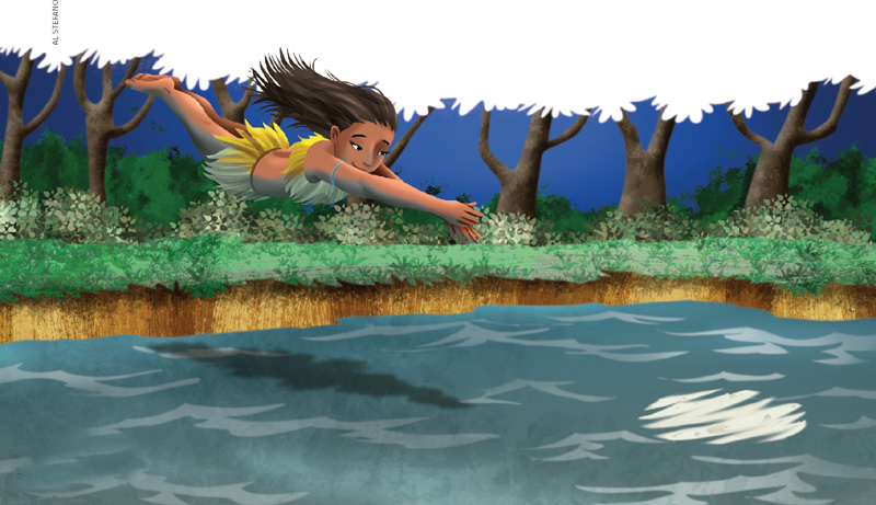 IMAGEM: naiá é uma jovem indígena, morena, tem os cabelos longos e usa roupas de penas. ela mergulha em um rio em direção ao reflexo da lua cheia na água. FIM DA IMAGEM.