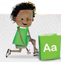 IMAGEM: um menino de roupas verdes agachado com um livro que tem as letras a, maiúscula e minúscula, na capa. FIM DA IMAGEM.