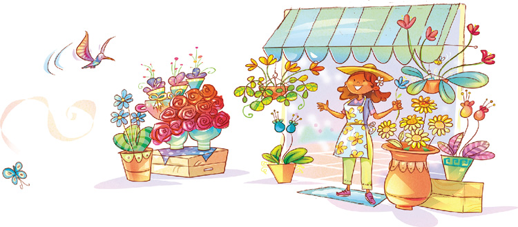 IMAGEM: florinda está na calçada da sua floricultura vendendo flores. um beija-flor e uma borboleta voam por perto. FIM DA IMAGEM.