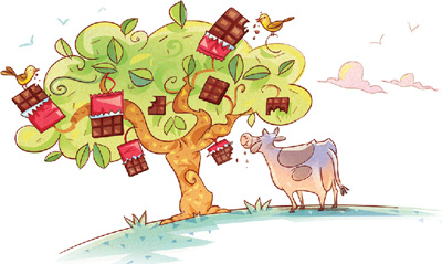 IMAGEM: uma árvore frondosa, carregada de barras de chocolate. dois passarinhos e uma vaca comem o chocolate. FIM DA IMAGEM.