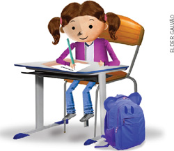 IMAGEM: uma menina está sentada na sua carteira escolar com sua mochila no chão, ao seu lado. ela escreve um bilhete em uma folha de papel. FIM DA IMAGEM.