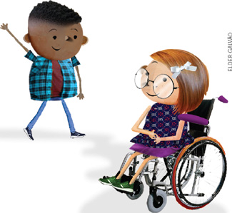 IMAGEM: um menino e uma menina ensaiam. ele está de pé e faz um gesto. ela está em uma cadeira de rodas e o observa, sorrindo. FIM DA IMAGEM.