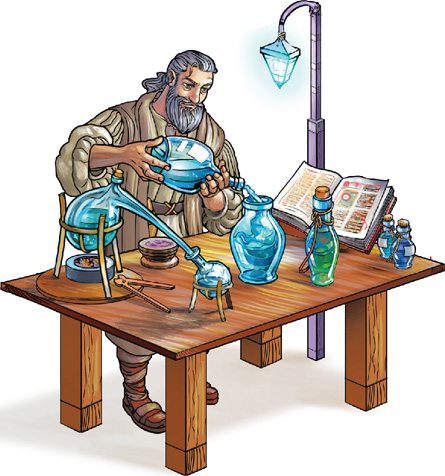 IMAGEM: um alquimista com cabelo e barba brancos e longos, vestido com roupas de época. ele está à frente de uma mesa e deposita a água de uma jarra de vidro em outra. sobre a mesa há um livro e outros vidros com líquidos coloridos. FIM DA IMAGEM.