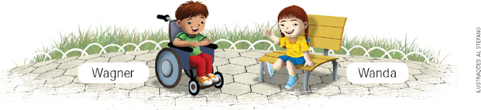 IMAGEM: um menino em uma cadeira de rodas está ao lado de uma menina sentada em um banco de uma praça. o nome dele é wagner, e o dela, wanda. FIM DA IMAGEM.