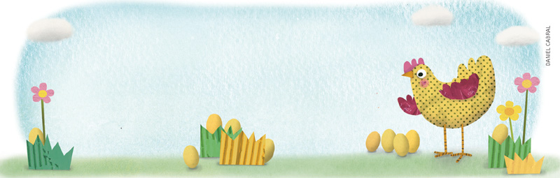 IMAGEM: uma galinha conta quatro ovos na sua frente. ela tem mais seis distribuídos no quintal: um em cada extremo em um arbusto com flores e quatro próximos, perto de arbustos no centro do desenho. FIM DA IMAGEM.