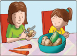 IMAGEM: a mulher usa a faca para descascar os legumes, enquanto a menina a observa. FIM DA IMAGEM.