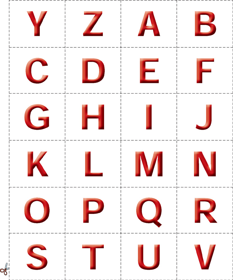 IMAGEM: vinte quatro letras do alfabeto em quadrados para cortar. as letras são: y, z, a, b, c, d, e, f, g, h, i, j, k, l, m, n, o, p, q, r, s, t, u, v. FIM DA IMAGEM.