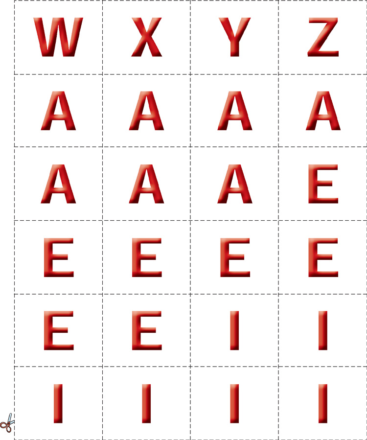 IMAGEM: vinte e quatro quadros com letras para recortar. são elas: w, x, y, z. sete letras a, sete letras e, seis letras i. FIM DA IMAGEM.