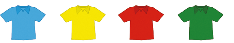 IMAGEM: da esquerda para a direita, camisetas de quatro cores:azul, amarela, vermelha, verde. FIM DA IMAGEM.