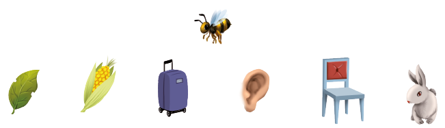 IMAGEM: atividade para ligar. na linha de cima está o desenho de uma abelha. na linha de baixo estão os seguintes itens: folha, milho, mala, orelha, cadeira, coelho. FIM DA IMAGEM.