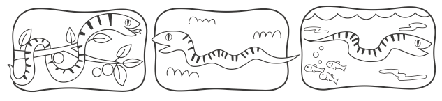 IMAGEM: uma cobra enrolada em um galho de árvore. uma cobra rastejando no chão. uma cobra nadando. FIM DA IMAGEM.