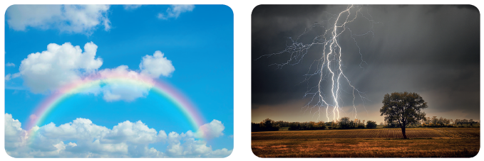 IMAGEM: da esquerda para a direita: arco-íris entre nuvens e relâmpago atingindo uma floresta. FIM DA IMAGEM.