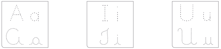 IMAGEM: três quadros, contendo as letras a, i, e, u, maiúsculas e minúsculas, tracejadas em escritas bastão e cursiva. FIM DA IMAGEM.