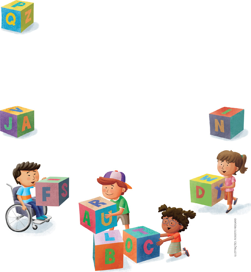 IMAGEM: na apresentação do livro, quatro crianças brincam com blocos de alfabeto. um menino em uma cadeira de rodas e uma menina trazem blocos para perto dos outros dois colegas. há blocos espalhados por toda a página. FIM DA IMAGEM.