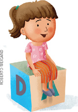 IMAGEM: uma menina sentada em um cubo, com as letras dê, e, a, desenhadas. FIM DA IMAGEM.
