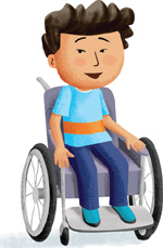 IMAGEM: menino em uma cadeira de rodas. FIM DA IMAGEM.