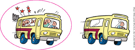 IMAGEM: um ônibus lotado, com passageiros reclamando de dor, e um ônibus vazio. professor: o ônibus lotado está circulado. FIM DA IMAGEM.