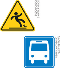 IMAGEM: uma placa triangular com a figura de uma pessoa escorregando em piso molhado. uma placa quadrada com a figura de um ônibus. FIM DA IMAGEM.