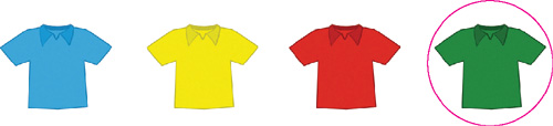 IMAGEM: da esquerda para a direita, camisetas de quatro cores:azul, amarela, vermelha, verde. professor, a quarta camiseta está circulada. FIM DA IMAGEM.