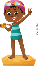 IMAGEM: uma menina negra usa maiô de banho, touca e óculos de natação. ela sorri e segura uma medalha de primeiro lugar que está em seu pescoço. com a outra mão, ela faz o sinal de vitória, com o dedo indicador e médio levantados e os outros dedos abaixados. FIM DA IMAGEM.