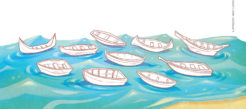 IMAGEM: dez canoas na água, para colorir. peça ajuda ao professor. FIM DA IMAGEM.