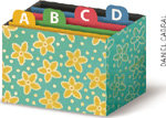 IMAGEM: uma caixa decorada com desenhos de flores, com fichas marcadas pelas letras a, b, c, d. FIM DA IMAGEM.