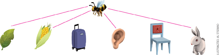 IMAGEM: atividade para ligar. na linha de cima está o desenho de uma abelha. na linha de baixo estão os seguintes itens: folha, milho, mala, orelha, cadeira, coelho. professor, a abelha liga-se à folha, ao milho, à orelha e ao coelho. FIM DA IMAGEM.