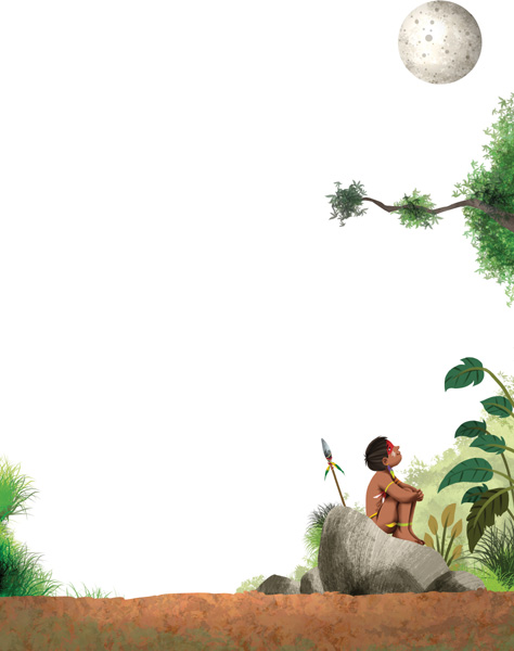IMAGEM: um menino indígena está sentado em uma pedra no meio da mata, olhando para a lua cheia. ele usa pintura corporal, alguns adereços no corpo e tem uma lança encostada na pedra. FIM DA IMAGEM.