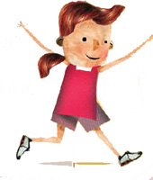 IMAGEM: uma menina de roupas vermelhas corre com os braços levantados. FIM DA IMAGEM.