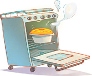 IMAGEM: um fogão com um forno aberto. nele, há um bolo quente, saindo fumaça. FIM DA IMAGEM.