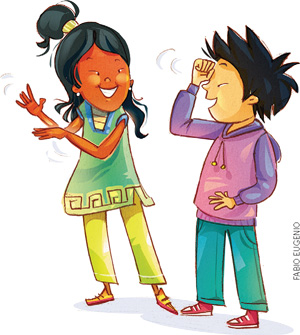 IMAGEM: um menino e uma menina conversam por meio de gestos, utilizando o alfabeto manual. FIM DA IMAGEM.