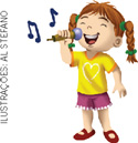 IMAGEM: uma menina canta com notas musicais ao lado, em um karaokê. FIM DA IMAGEM.