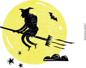 IMAGEM: silhueta de uma bruxa voando em uma vassoura na frente da lua cheia. um morcego e estrelas estão no fundo. FIM DA IMAGEM.