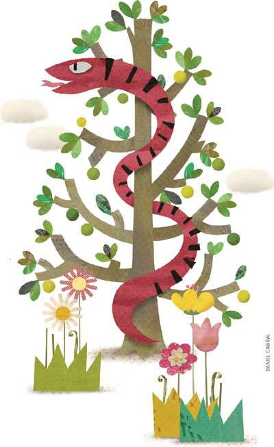 IMAGEM: uma cobra está enrolada em um pé de limão, cheio de frutos. pelo chão, há várias flores e arbustos. FIM DA IMAGEM.