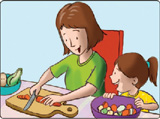IMAGEM: a mulher usa a tábua para picar os legumes, e coloca os pedaços em um recipiente. a menina está ao lado dela e explica a receita. FIM DA IMAGEM.
