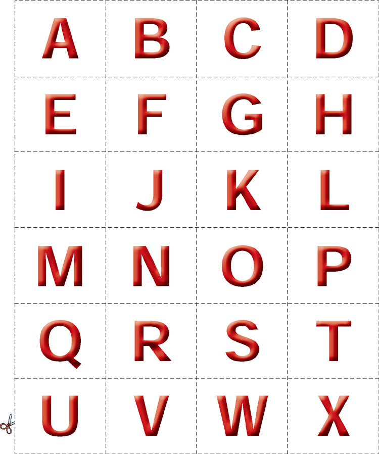 IMAGEM: vinte quatro letras do alfabeto em quadrados para cortar. as letras são: a, b, c, d, e, f, g, h, i, j, k, l, m, n, o, p, q, r, s, t, u, v, w, x. FIM DA IMAGEM.
