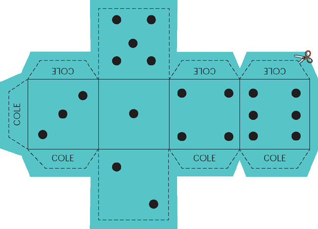 IMAGEM: planificação de um dado, com os lados numerados de um a seis pontinhos, e linhas pontilhadas para recorte. FIM DA IMAGEM.