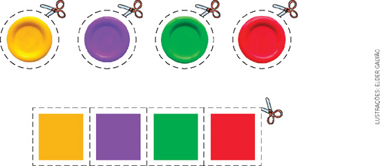 IMAGEM: quatro marcadores redondos e quatro marcadores quadrados, de cores diferentes, para recortar. FIM DA IMAGEM.