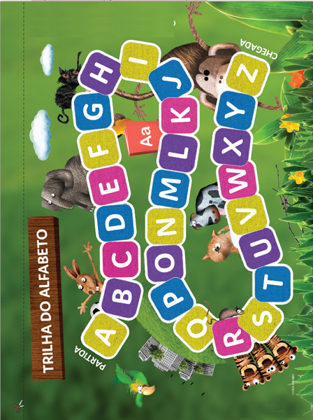 IMAGEM: tabuleiro do jogo trilha do alfabeto. as letras do alfabeto estão dispostas em curva, sobre desenhos de animais, paisagem urbana e vegetação florida. a trilha inicia na letra a, segue com as letras b, c, d, e, f, g, h, i, j, k, l, m, n, o, p, q, r, s, t, u, v, w, x, y e termina na letra z. alguns dos animais são: coelho, elefante, gato, macaco, vaca e três tigres. FIM DA IMAGEM.