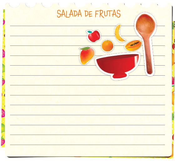 IMAGEM: representação de uma folha de caderno com desenhos de frutas, uma colher e uma vasilha. na parte superior da folha está escrito salada de frutas. FIM DA IMAGEM.