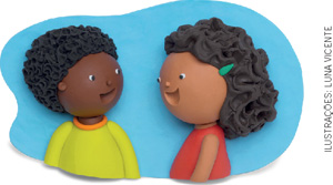 IMAGEM: Menino e menina conversam. São dois bonecos feitos de massa de modelar. FIM DA IMAGEM.