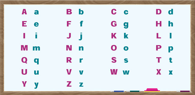 IMAGEM: alfabeto com letras maiúsculas e minúsculas. as letras do alfabeto são: a, b, c, d, e, f, g, h, i, j, k, l, m, n, ó, p, q, r, s, t, u, v, w, x, y, z. peça ajuda ao seu professor para concluir a atividade. FIM DA IMAGEM.