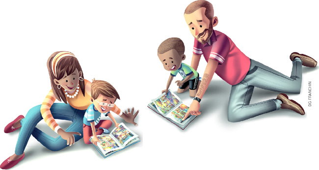 IMAGEM: família com mãe, pai e dois filhos. juntos, eles leem histórias em quadrinhos. FIM DA IMAGEM.