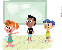 IMAGEM: três crianças em pé, em frente à lousa na sala de aula. FIM DA IMAGEM.