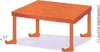 IMAGEM: uma mesa com quatro pés humanos. FIM DA IMAGEM.