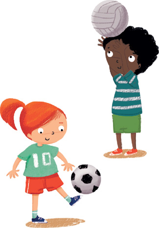 IMAGEM: uma menina joga futebol e um menino joga vôlei. FIM DA IMAGEM.