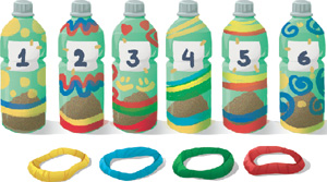 IMAGEM: jogo de argolas fabricado. são seis garrafas pet pintadas, decoradas e numeradas com números de um a seis. há também quatro argolas pintadas. FIM DA IMAGEM.