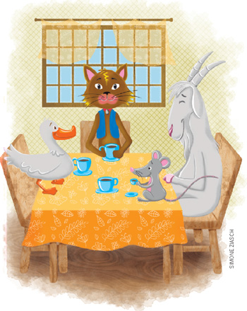 IMAGEM: gato, pato, bode e gato sentados à mesa, dentro da casa. eles sorriem e tomam café. FIM DA IMAGEM.