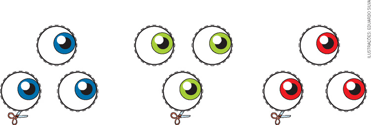 IMAGEM: três olhos azuis, três olhos verdes, três olhos vermelhos. FIM DA IMAGEM.